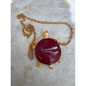 Vintage 1960s Signed Celebrity Gold Turtle Necklace with Marbled Shell